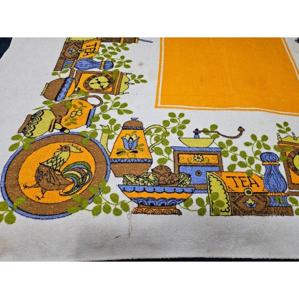 Vintage Mid Century Terry Cloth Tablecloth Rooster Tea Kitchen Orange 63x46